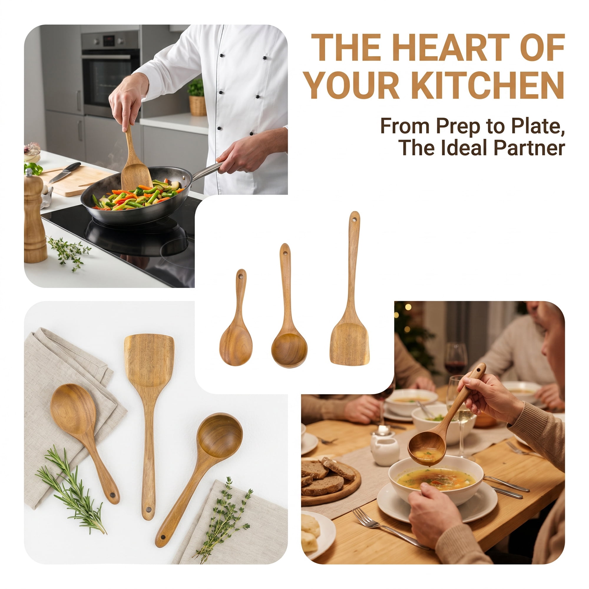 Unique Bargains Wood Solid Color Kitchen Utensil Set, Essential Kitchen Gadgets Brown 3