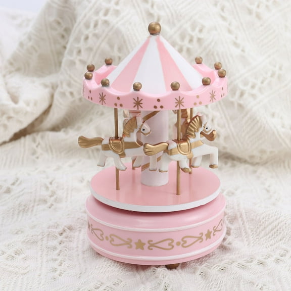 WHAMVOX Pink Carousel Music Box Made of Premium Wood Mechanical Ornament Gift for Christmas Birthday Size 4.5x4.5x6.5 Inches
