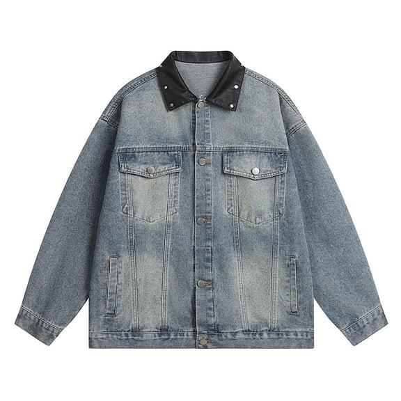 QHFBli Men's Classic Denim Jacket Men's Washed Denim Jacket With Leather Collar Loose Fit Casual Coat For Fall Fashion Outerwear Blue XL