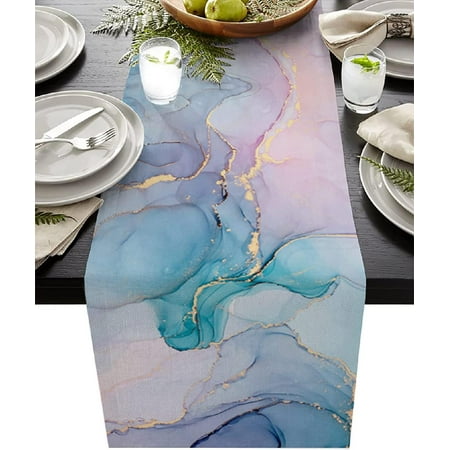 

Marble Cotton Linen Table Runner Aqua Table Runner 72 inches Long Table Runner Dresser Scarves for Dining Room/Kitchen/Wedding Decoration/Holiday Party Table Decor 14 x72