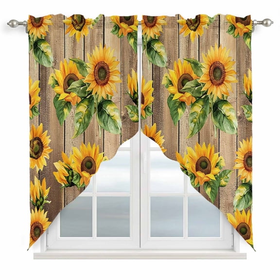 Swag Valance Curtains for Windows, Sunflower Farmhouse Light Filtering Kitchen Curtains with Rod Pocket, Summer Botanical Flowers Wooden Window Treatment Valances for Living Room, 36x45 - 2 PCS