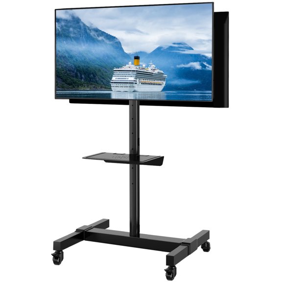 Modern Black Dual Mobile TV Stand Wheels for 32 to 55 inch Flat TVs Floor Trolley Cart