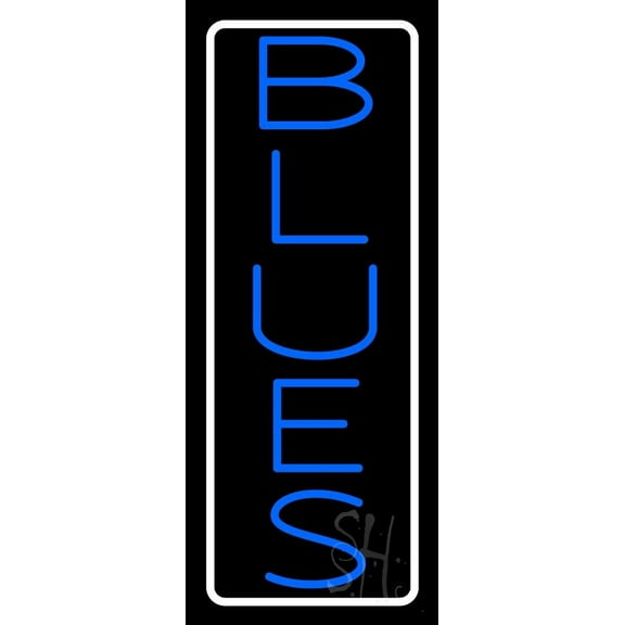 White Border Blue Blues LED Neon Sign 32" Tall x 13" Wide - inches Black Square Cut Acrylic Backing, with Dimmer - Premium built indoor Sign for Studio, Club, Home décor, Event, Workshop, Storefront.