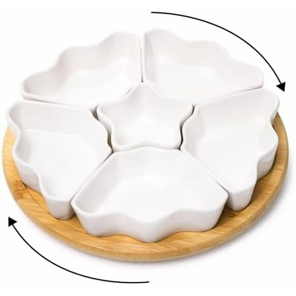 Rotatable Serving Platters and Trays, Lazy Susan Relish Tray, 7-Compartment Divided Dishes, 11 Inch Porcelain Removable Bowl for Chip and Dip, Fruit, Nut, Candy and Snack
