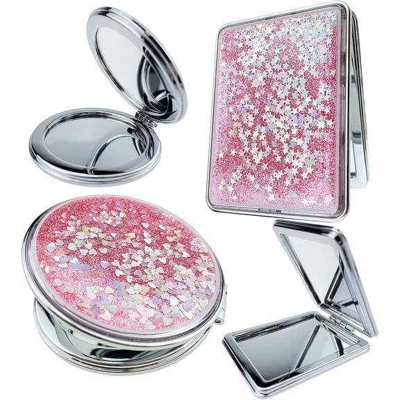 LINLIN 2 Pcs Compact Mirror Mini Folding Makeup Mirror Pink & Purple Travel Mirror Double Side Portable Mirror for Men Women Girls Pocket Wallet