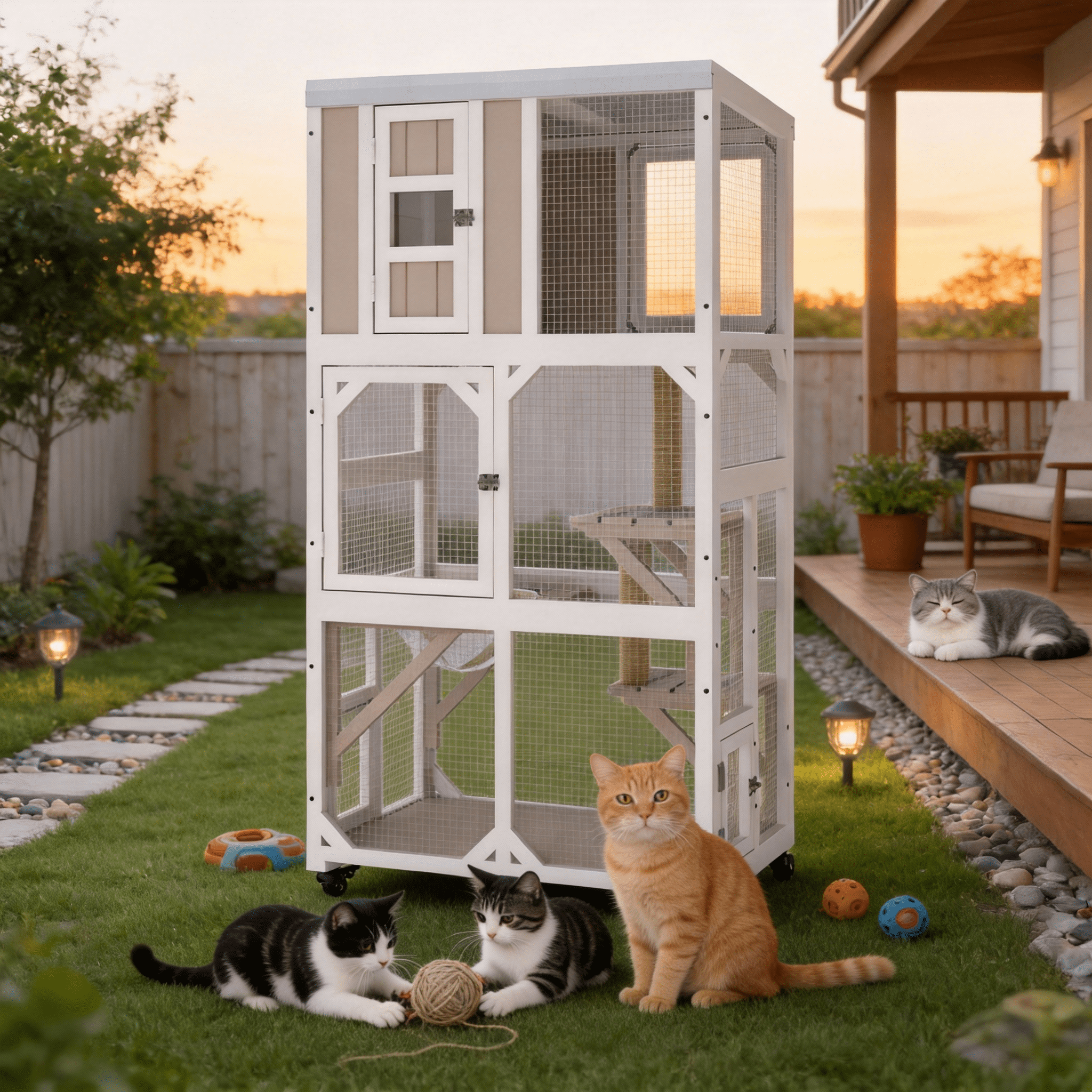 64" Large Wooden Catio Outdoor Cat Enclosure, Window Cat House with Wheels & 3 Platforms, Kitty Cage with Weatherproof Roof for Multiple Cats (Gray)