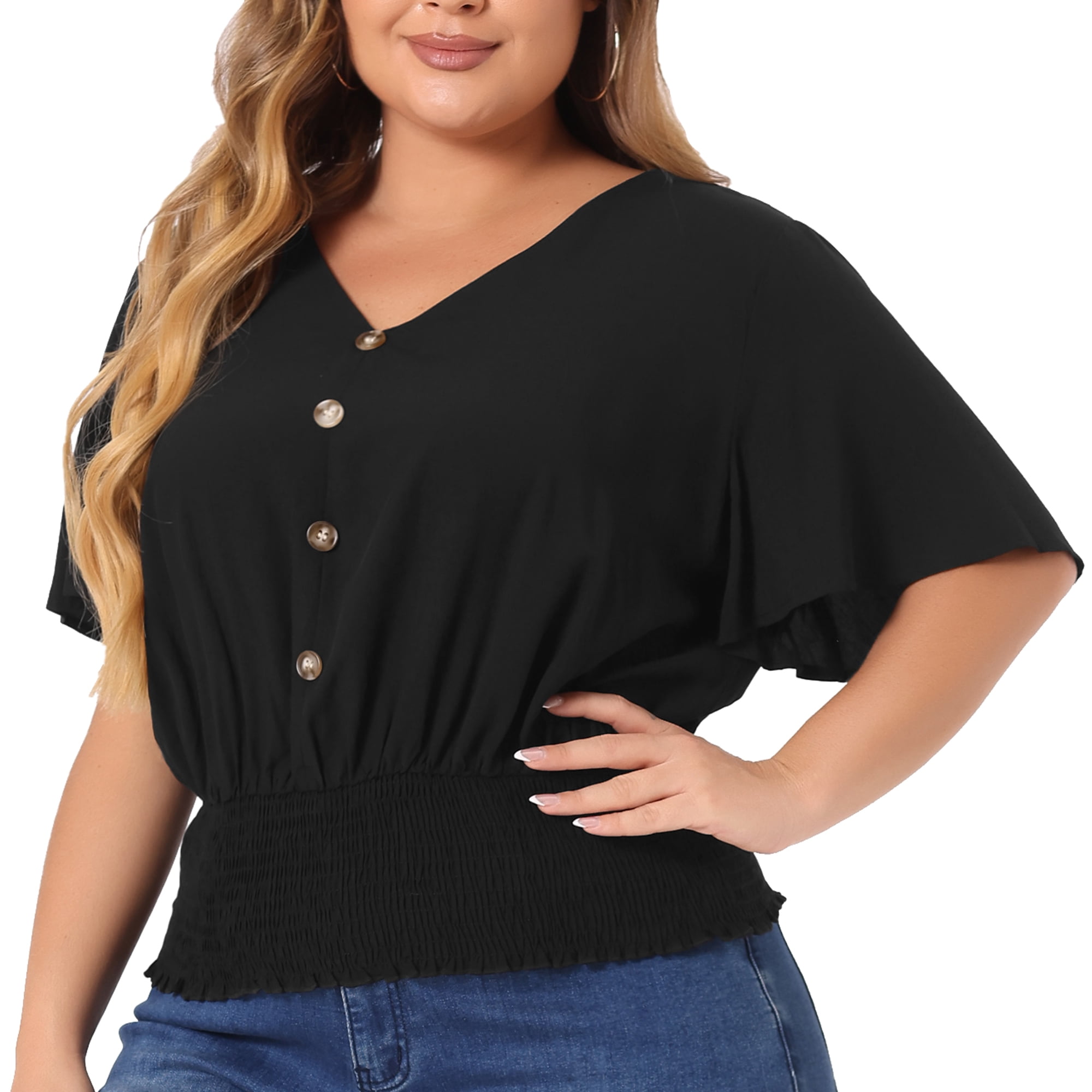 DARING DIVA Women's Plus V Neck Button Up Short Sleeve Shirred Blouse 2X Black