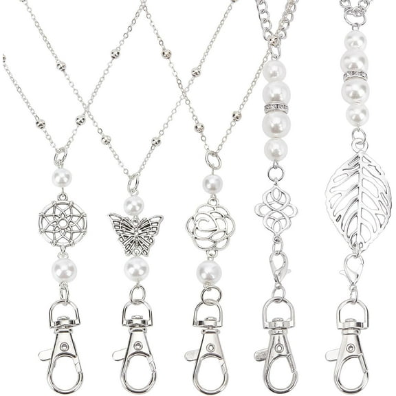 5 Styles ID Necklace Lanyard Chain Badge Necklaces Dream Catcher Butterfly Beaded Lanyard Imitation Pearl Beads Badges Lanyard Breakaway Badge Holder for DIY Making