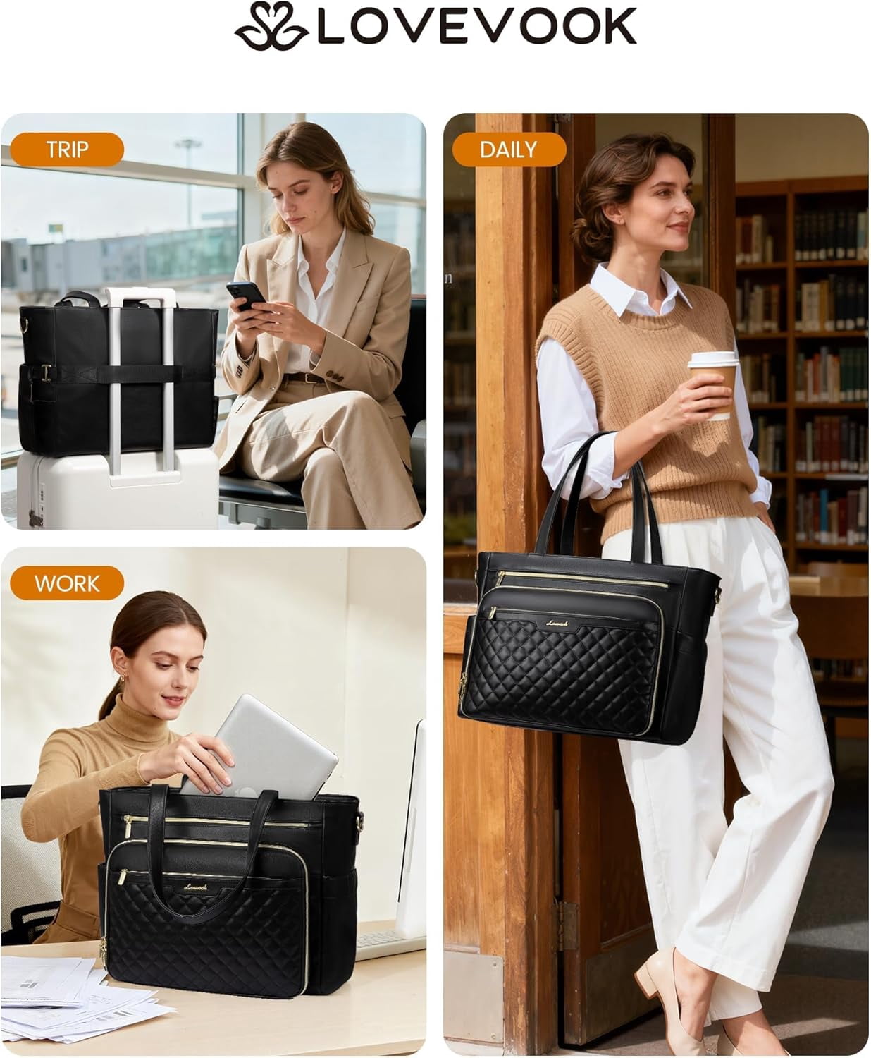 LOVEVOOK Teacher Tote Bag with Accordion File Pocket, Soft PU Leather Work Briefcase Quilted Laptop Bag with Large Cup Holder
