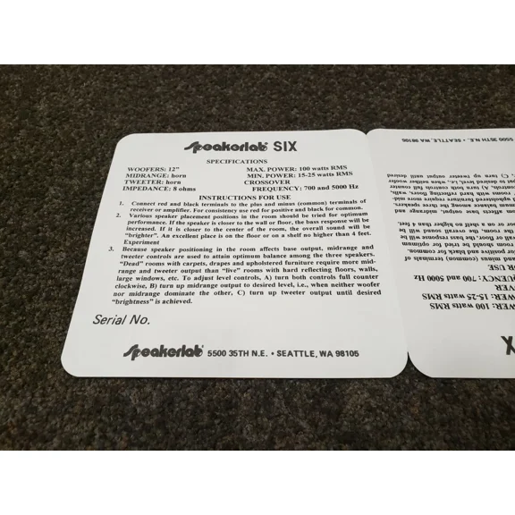Speakerlab Six Label Sticker For Model With L-Pads