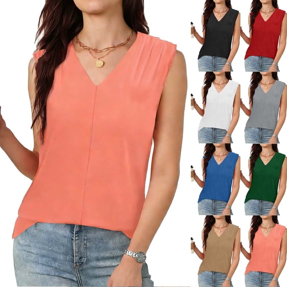 POIUYTR Women Summer Tank Tops Casual V Neck Wide Strap Sleeveless Shirts Loose Fit Solid Color Camisole