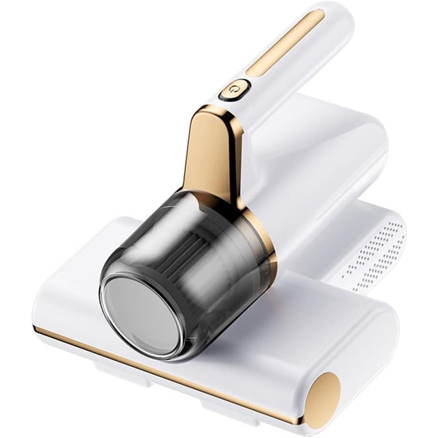 eliminador de ácaros al vacío de mano para el hogar cama sofá colchón aspirador eliminador de ácaros portátil herramientas de limpieza Aspirador de mano portátil antiácaros blanco con acabados dorados, vista 3/4 frontal que muestra boquilla ancha y depósito translúcido, mango con botón de encendido; se muestra sobre fondo neutro. Suele utilizarse también para limpieza puntual de cojines y tapicería.