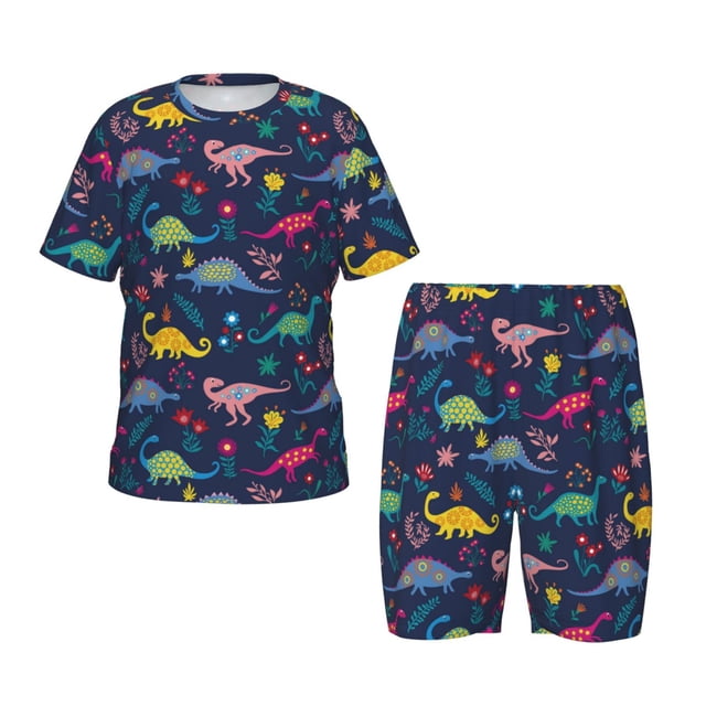 Balery Dinosaur Flowers Conjunto de Pijama Infantil de Manga Corta con Estampado – Ropa de Dormir de Algodón Suave-XX-Large