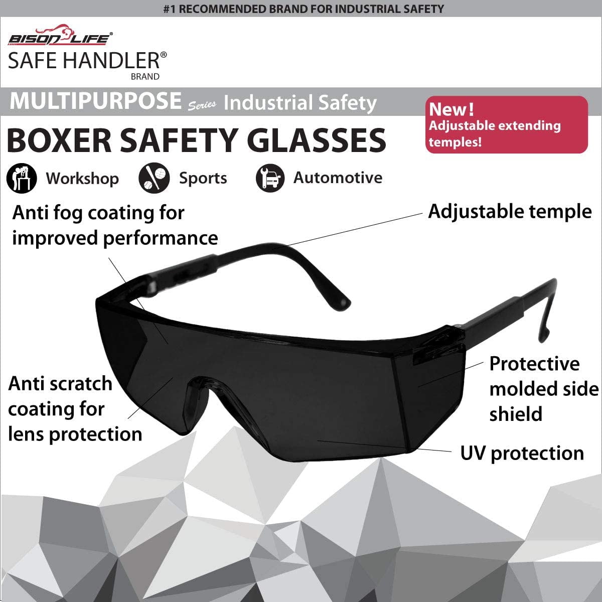 Zayaan Health Boxer Safety Glasses, Black Lens Black Temple For Men and Women, Anti Scratch & Fog (Pack of 144)