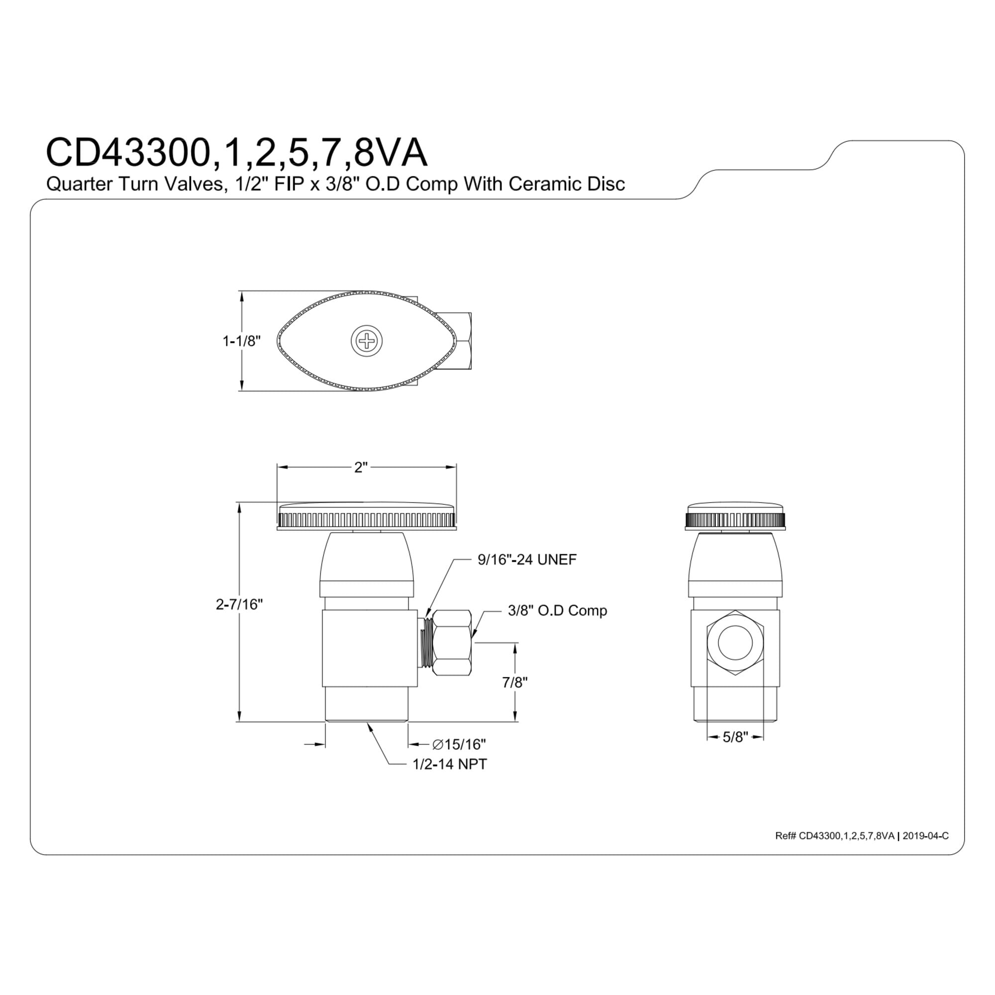 Kingston Brass CD43300VA 1/2-Inch FIP x 3/8-Inch O.D. Anti-Seize Deluxe Quarter-Turn Ceramic Hardisc Cartridge Angle Stop in Matte Black