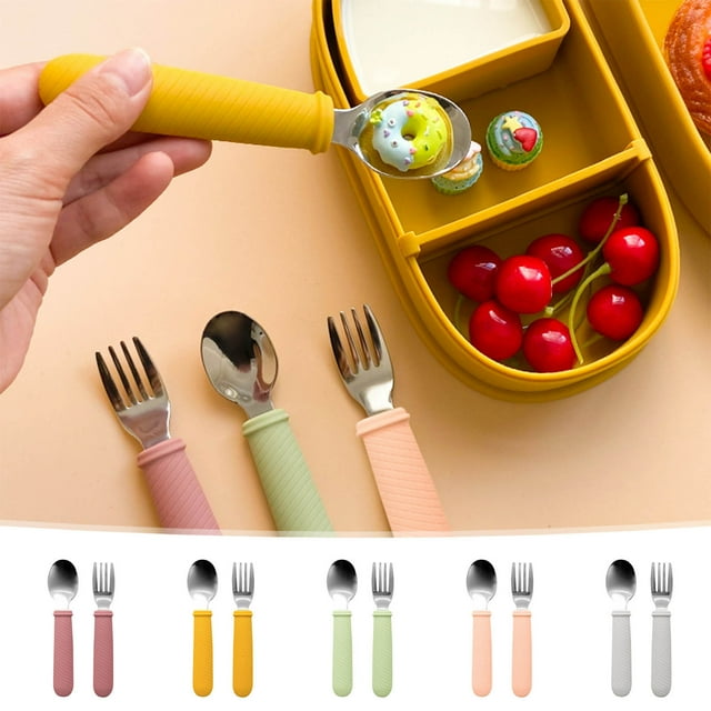 Fiudx Juego de Utensilios para Bebé, Cuchara y Tenedor con Agarre de Silicona, Material de Grado Alimenticio, Fácil de Alimentar Por Sí Solo, Diseño Ergonómico, Seguro para Niños Pequeños, Ideal para