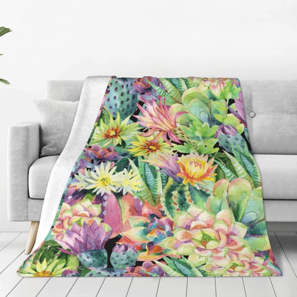 KLL Watercolor Blooming Cactus Pattern Fleece Throw Blanket,Fleece Throw Blankets for Couch & Bed All Season Use-80"x60"