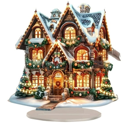 2D Christmas Cabin Ornament with Base Stand Acrylic Tabletop Decor for Holiday Display and Seasonal Home Decoration