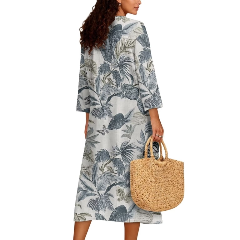 Xoenoiee Butterfly Palm Leaves Print Cotton Linen Dresses for Women 2026 Trendy 3/4 Sleeve V Neck Summer Dresses Loose Flowy Vacation Beach Sundress, S - Walmart.com Xoenoiee Butterfly Palm Leaves Print Cotton Linen Dresses for Women 2026 Trendy 3/4 Sleeve V Neck Summer Dresses Loose Flowy Vacation Beach Sundress, S - Walmart.com