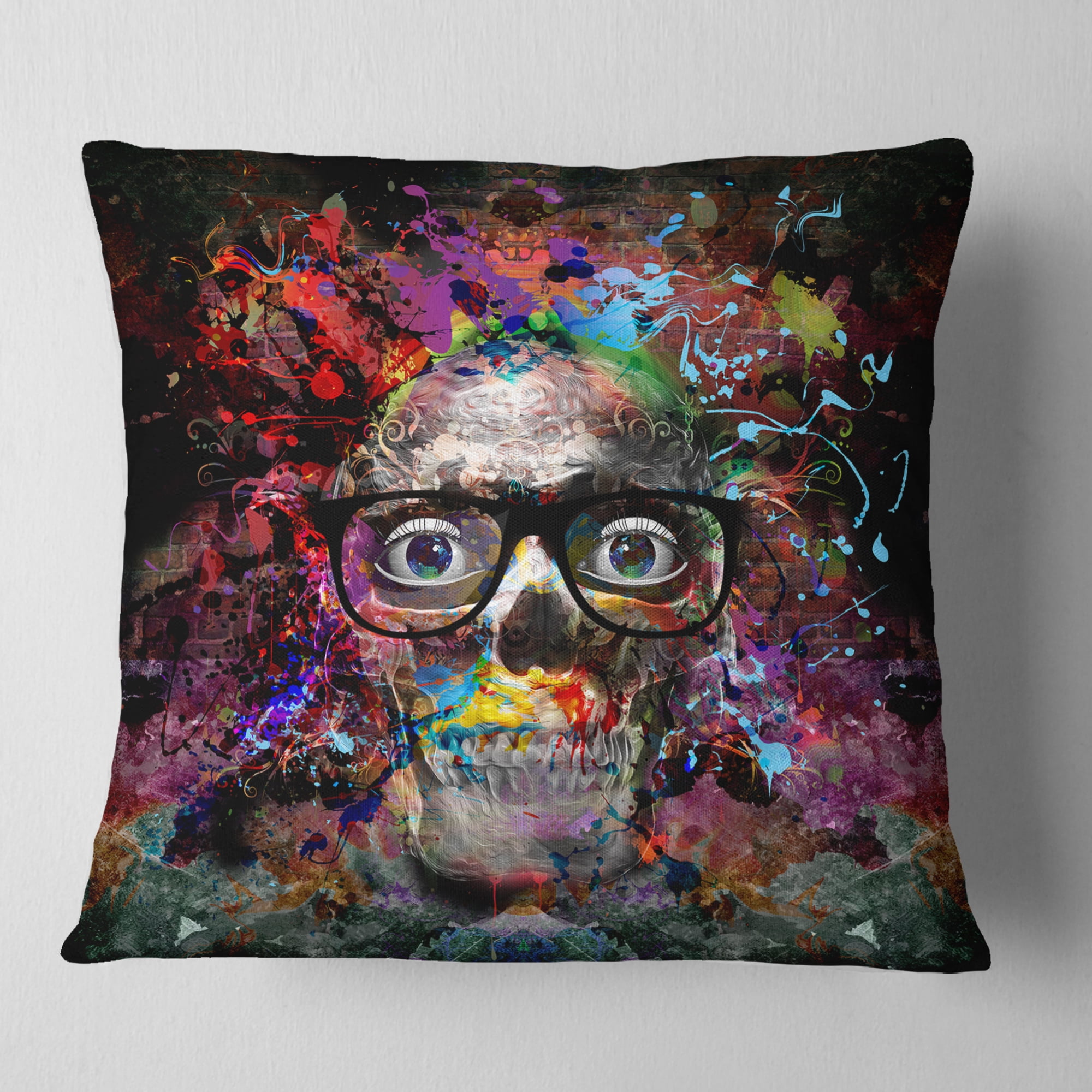 Designart Colorful Human Skull with Glasses - Abstract Throw Pillow - 18x18
