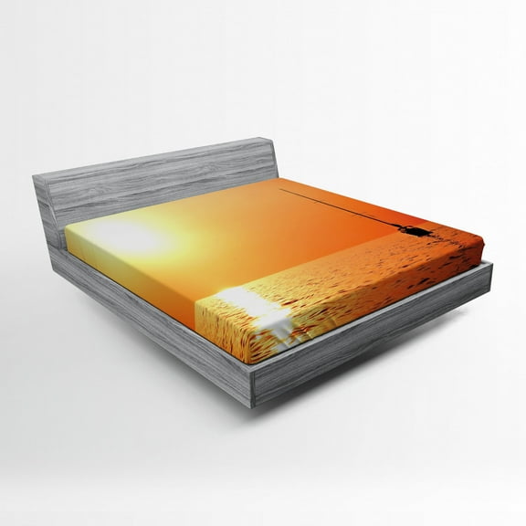 Ambesonne Ocean Fitted Sheet, Lonely Yacht at Sunset, Full Size, Orange Yellow