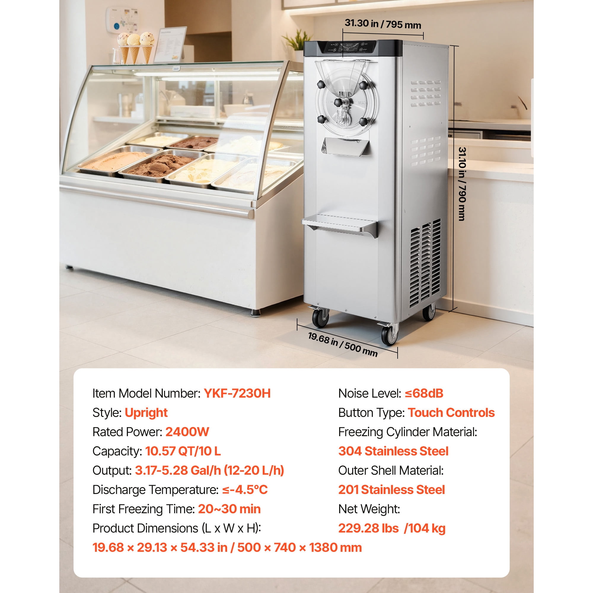KFFKFF Commercial Hard Ice Cream Maker, 2400W, Produces 3.17-5.28 Gallons per Hour, Gelato Machine with 10L Stainless Steel Cylinder, Auto-Clean Function and LED Control Panel for Snack Bars