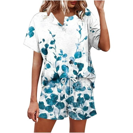 

Summer Savings Clearance Pajama Shorts Wenini Pajama Shorts for Women Women Casual Solid Short Sleeve Button Tops Nightwear Shorts Sleepwear Sets Shorts Pajama Set Blue XL
