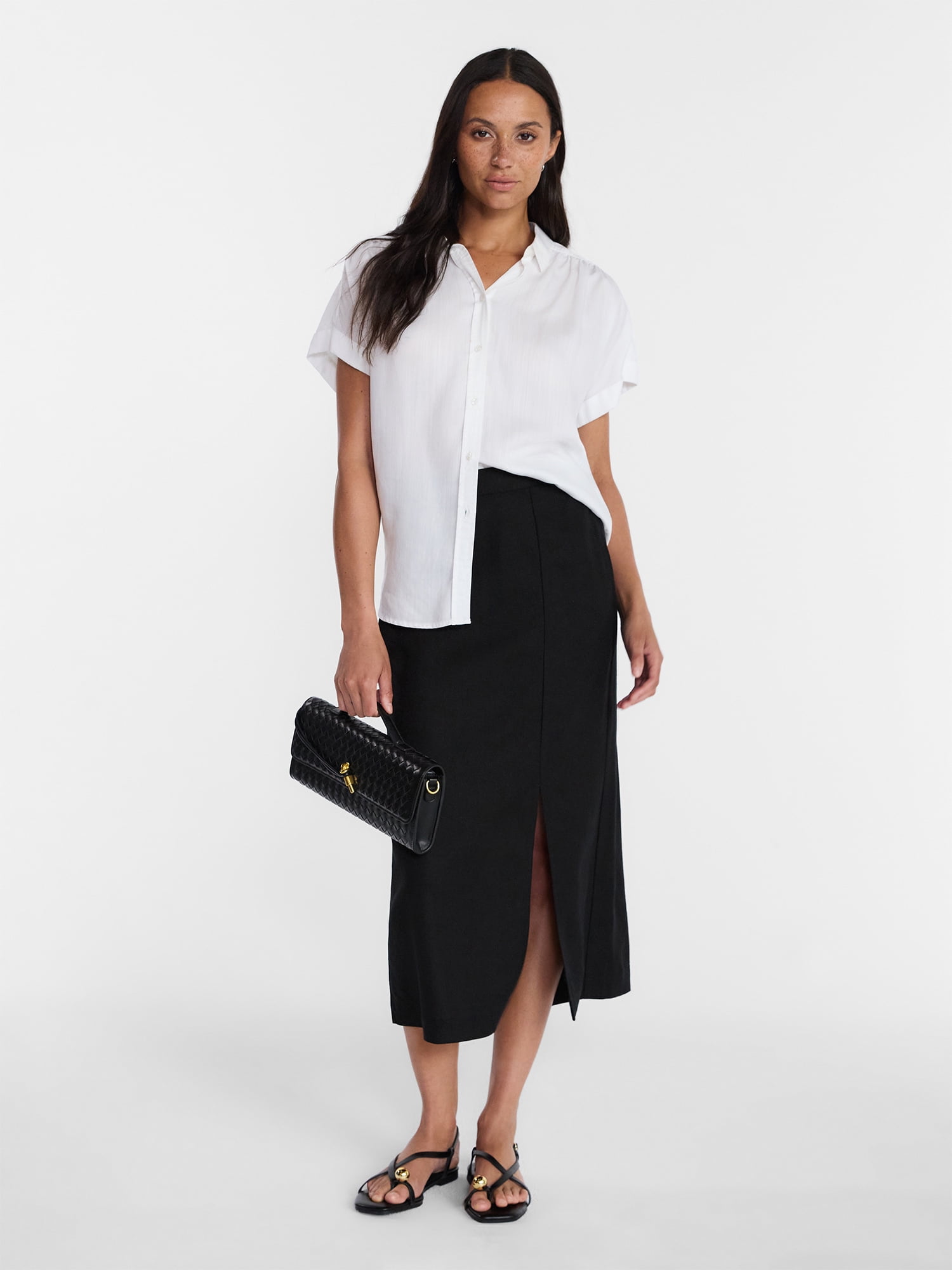 Time and Tru Women's and Women’s Plus Linen Blend Midi Skirt with Side Slit, Sizes XS-XXXL