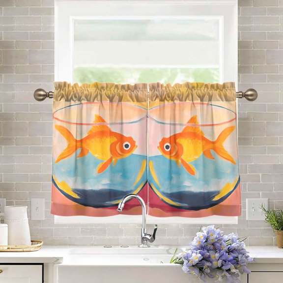 Yayeee Kitchen Curtains Tier Pair Light Filtering 27"x36" Rod Pocket Short Cafe Window Panel, Goldfish