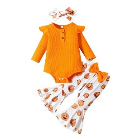 

Girls Long Sleeve Ribbed Romper Bodysuit Cartoon Pumpkin Prints Bottoms Pants Outfits Baby Baby Twin Girl Clothes Girls 12 Month Clothes Staff for Baby Girl Baby Outfits for Girls 3-6 Months Floral
