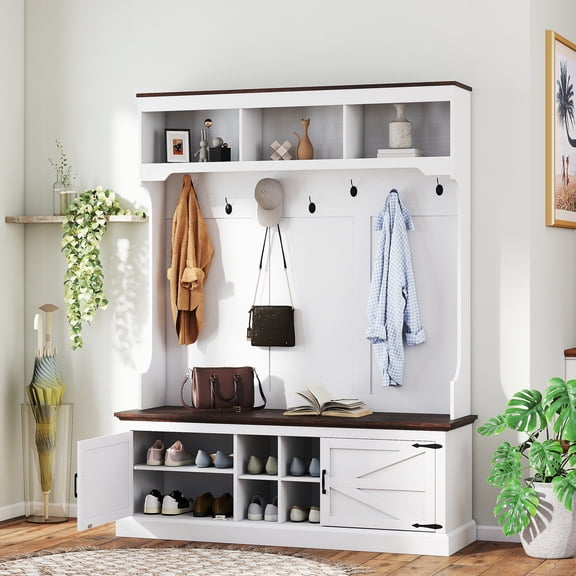HOMCOM Hall Tree with Shoe Storage, Coat Rack with Shoe Bench, White