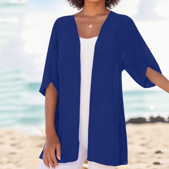 HCYSFG Womens Solid Color Cover Up Open Front Short Sleeve Lightweight Kimono Cardigan Loose Fit Summer Beach Tops