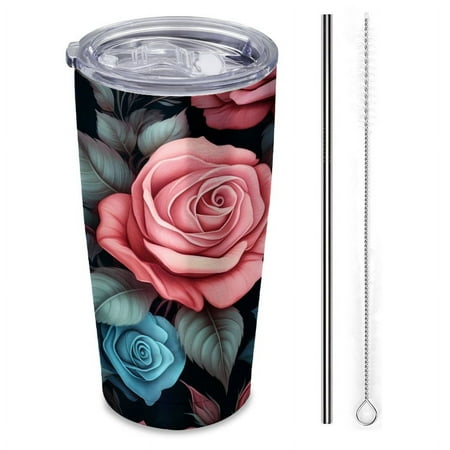 

seamless pattern of pink and blue roses on the dark background Insulated 20 oz Stainless Steel Travel Tumbler Reusable Straw & Brush Hot & Cold Drinkware for Car Office Outdoor