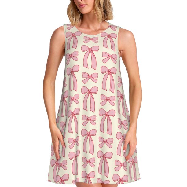 Fotbe pink hand drawn bows Vestido de Verano sin Mangas para Mujer – Vestido Midi Línea A, Estilo Camiseta Floral, Vestido Playero Casual y Fluido
