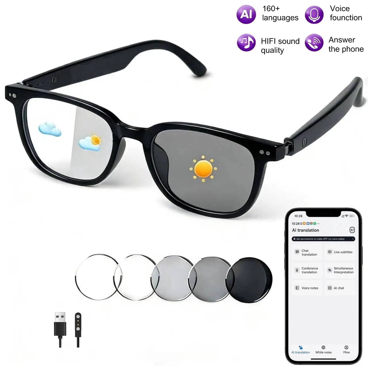 UNIFULL Smart Glasses for Women Men, Bluetooth Glasses with Photochromic Lenses Touch Control Voice Assistant for Clear Audio Remote Photography, Perfect for Indoor Outdoor, Black