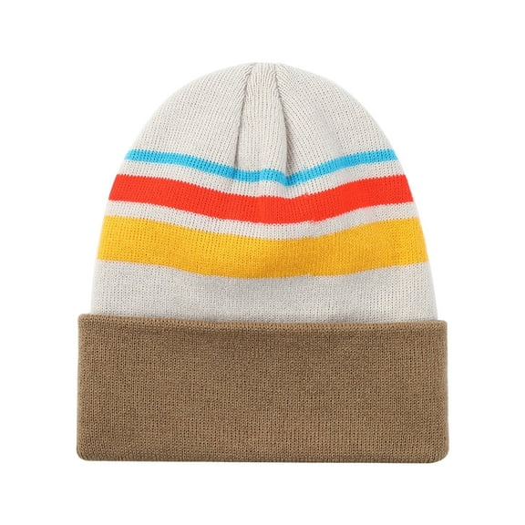 TOPTIE Multi Color Stripe Knit Beanie Winter Soft Unisex Cuffed Beanie Sport Hats Ski Cap with Pom Pom-Khaki