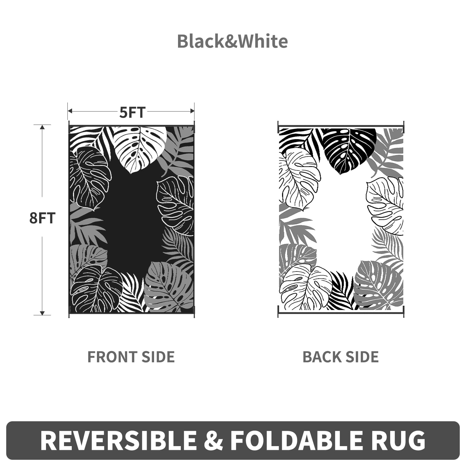 SIXHOME 5'x8' Feet Waterproof Outdoor Rug, Reversible Black Plastic Patio Mat with Straw Texture Tropical Palm Leaf, Non-Slip Carpet for Camping, RV, Balcony, Porch, Picnic