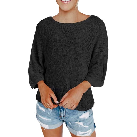 SGMVNU Women Fall Clothes Top Flared Sleeve Sweater Women's Fashion Solid Color Sweater Trendy Fall Fashion Knit Winter Tops Black M