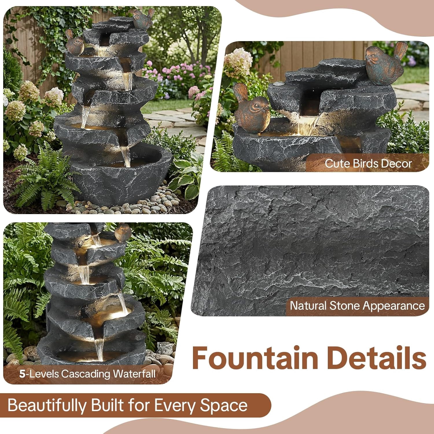 HOMEDIARY Outdoor Water Fountain, 22.3" H 5-Tier Cascading Waterfall Fountain with LED Lights & Adjustable Pump, Decorative Birds Water Feature with Natural Rock Finish for Patio, Backyard & Deck
