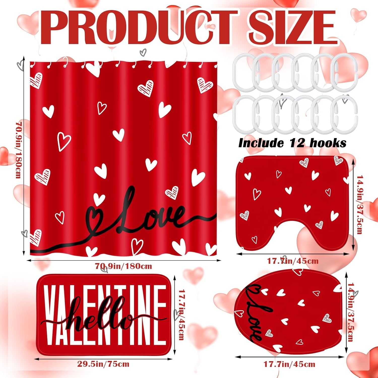 Valentine's Day Shower Curtain Set, Non Slip Rugs Toilet Lid Cover U Shape Bath Mat and 12 Hooks Love Heart Shape Red Bathroom Supplies for Valentines Accessories Decor Set