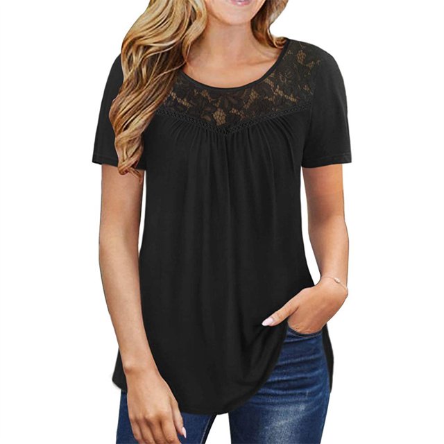 Sonducket Camiseta de mujer Túnica plisada Top Cuello Manga corta Blusa de encaje de encaje de manga corta Prendas para la parte del cuerpo Negro SG Sonducket AP003108-04