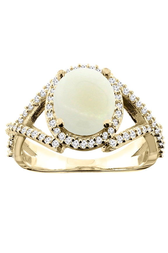 14K Yellow Gold Natural Opal Ring Oval 9x7mm Diamond Accent, size 6.5