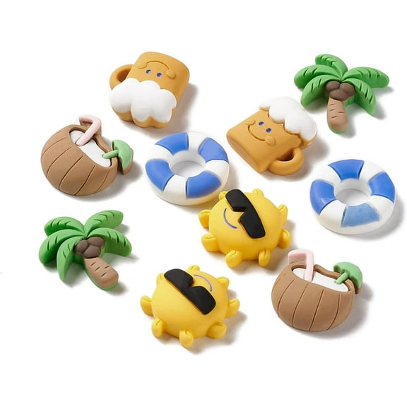 100 Pcs Beach Theme Resin Charms Coconut Flatback Embellishment Painted Charm Assorted Swimming Ring Slime Charms for DIY Decor Scrapbooking Crafts Supplies DIY
