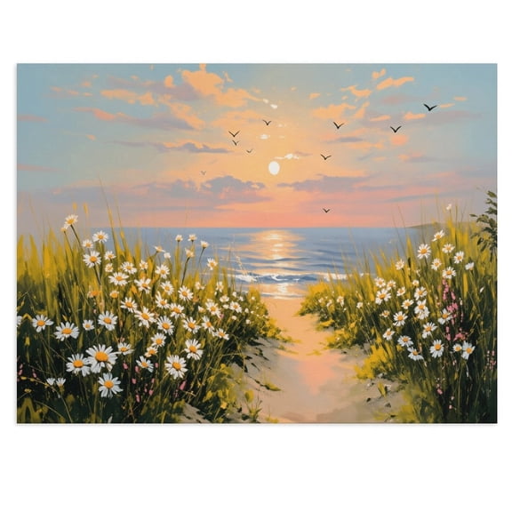 Potopok Coastal Daisy Ocean Sunset Canvas Wall Art, Beach Seaside Painting Decor for Living Room Home, 16x12 Inch