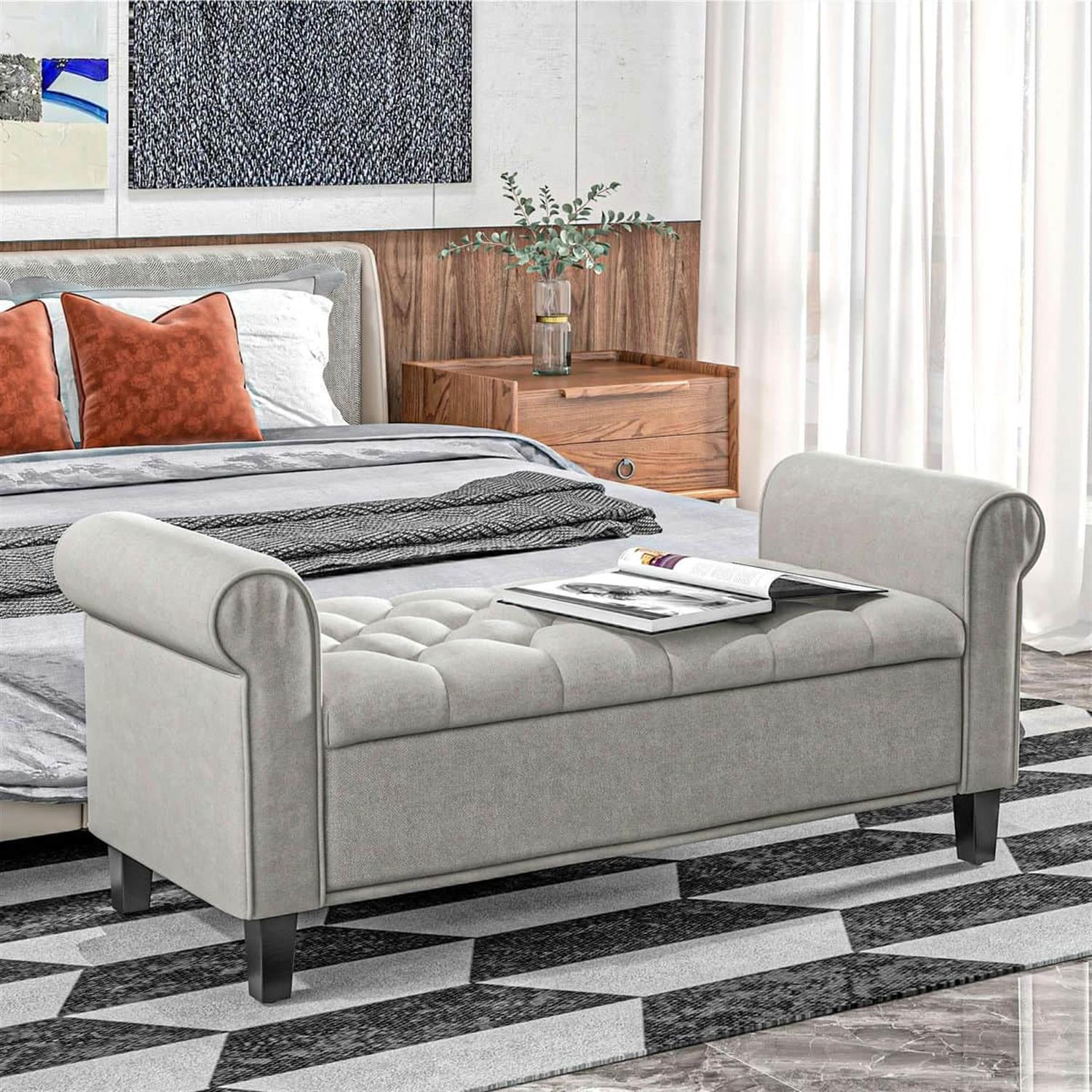 Demi Bonn 22" Storage Ottoman, Cozy Footrest End of Bed Bench with Rolled Arms, Wooden Legs, Tufted Bench, Bedside Bench, Gray