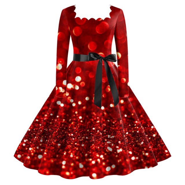 Robe de Thé Classique de Noël pour Femmes Manches Longues Robe de Soirée avec Ceinture