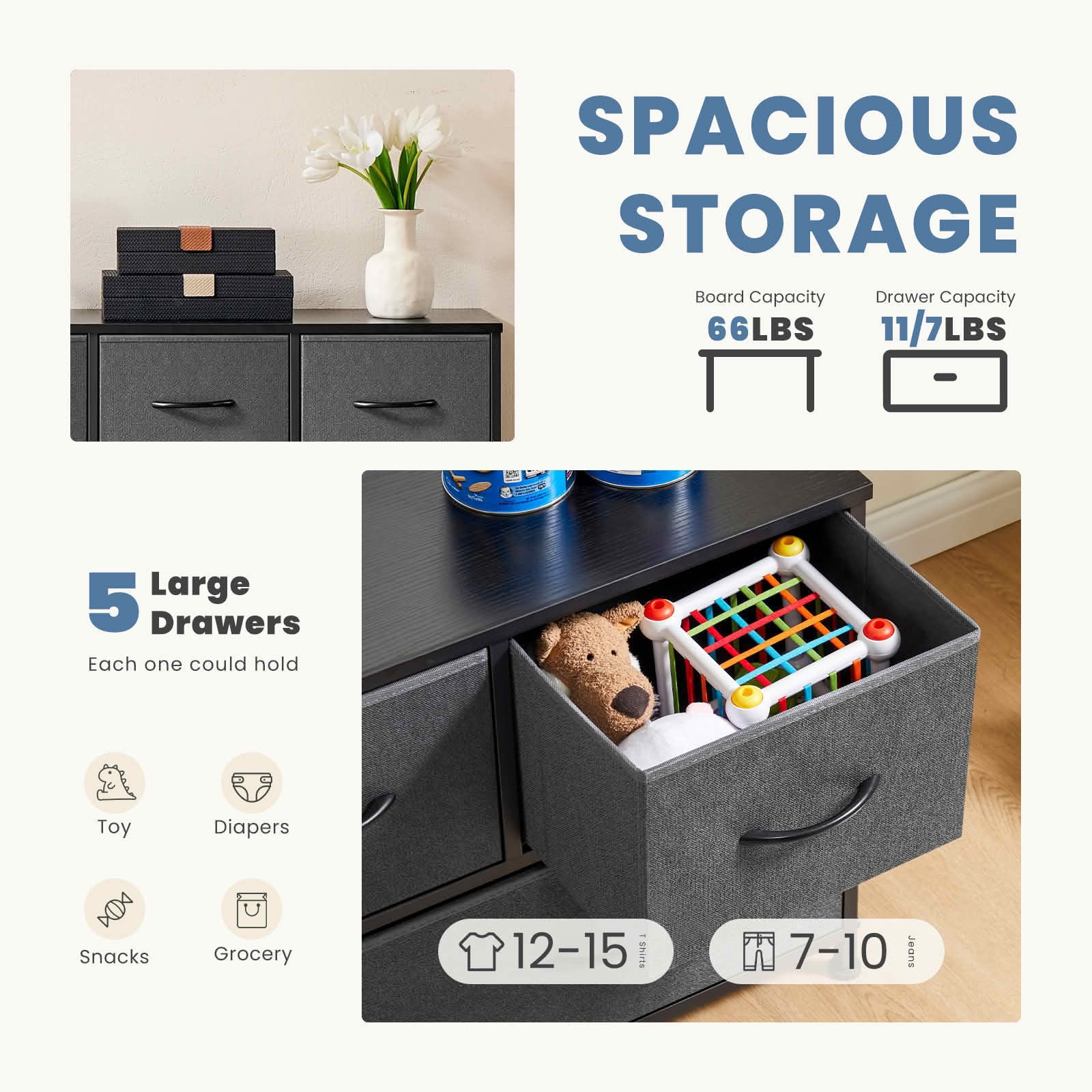 MAYEERTY 5-Drawer Tall Fabric Storage Tower Dresser with Wooden Top, Steel Frame Organizer Cabinet for Nursery Bedroom Closet Entryway