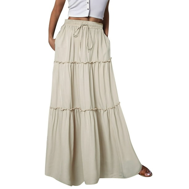 Gibobby faldas aesthetic alta larga grande para mujer con bolsillos y cinturón Falda larga Falda plisada Falda de playa Falda informal(Beige, S)
