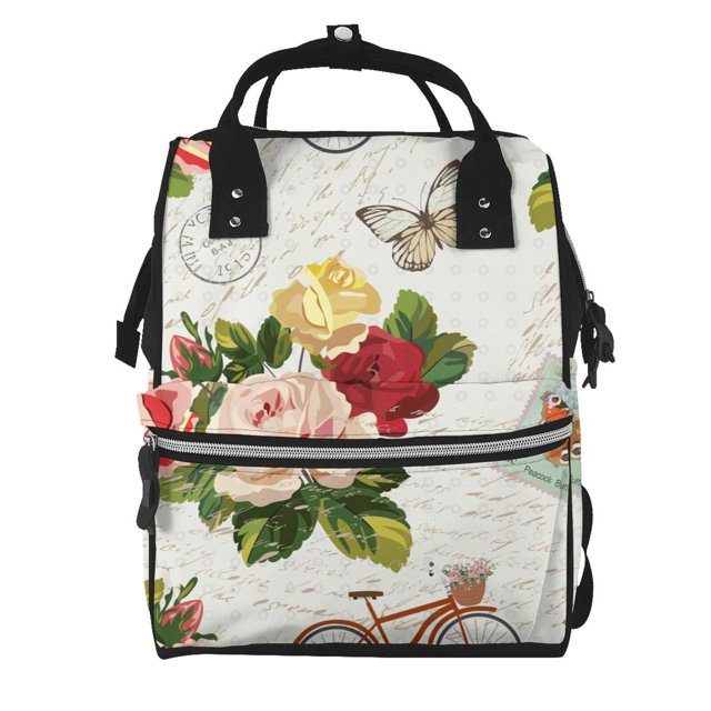Fotbe Vintage Bike Flower Butterfly Mochila Maternidad - Lona de Sarga Impermeable, Mochila de Pañales de Gran Capacidad con Múltiples Bolsillos y Correas Ajustables