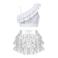 thumbnail image 2 of TiaoBug Kids Girls Gymnastic Dance Outfits Sequins Asymmetrical Shoulder Ruffle Crop Top with Skirted Shorts Set Silver 10, 2 of 5